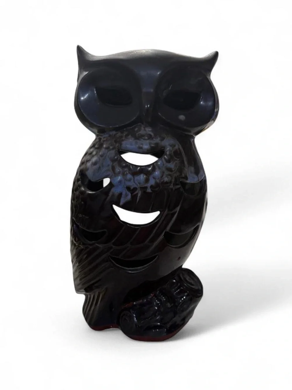 Vintage Ceramic Owl Votive Candle Holder Lantern Dark Brown Glaze Cutout 8